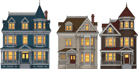 Detailed Illustration of Three Victorian Style Houses with Ornate Architecture Turrets and Bay Windows Featuring Warm Glowing Interior Lights © Saila