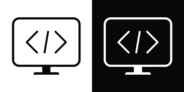 Computer monitor icon displaying HTML coding brackets and a slash. Concept for web development, software engineering, programming, and digital technology services.