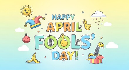 Fototapeta premium Colorful april fools day illustration with fun characters and text