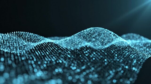 Abstract flowing light particles wave on dark background, digital technology concept