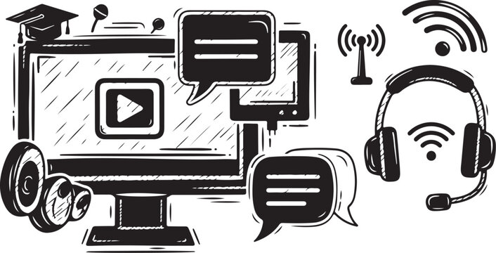 Online Education Illustration with Computer and Headset Icons