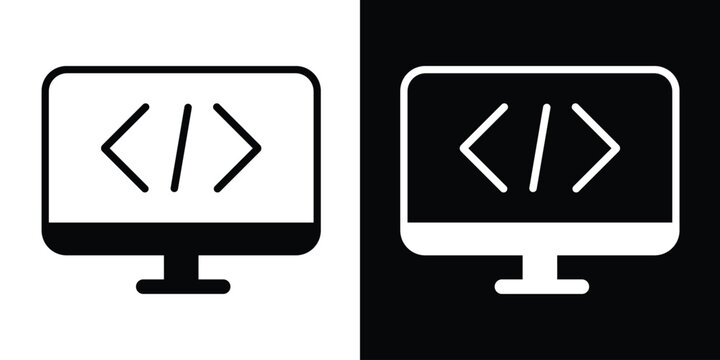 Computer monitor icon displaying HTML coding brackets and a slash. Concept for web development, software engineering, programming, and digital technology services.