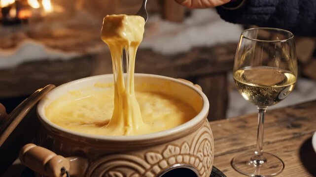 Hands expertly dip a fork into bubbling cheese fondue, creating a luxurious stretch of gooey goodness. A glass of wine sparkles beside it, enhancing the delightful warmth of the scene.