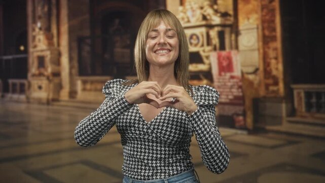 Woman forms heart with hands and smiles at camera in ornate church building with carved altar, fresco and marble floor; affection joy.