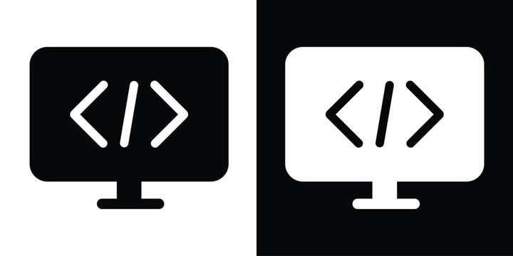 Computer monitor icon displaying HTML coding brackets and a slash. Concept for web development, software engineering, programming, and digital technology services.