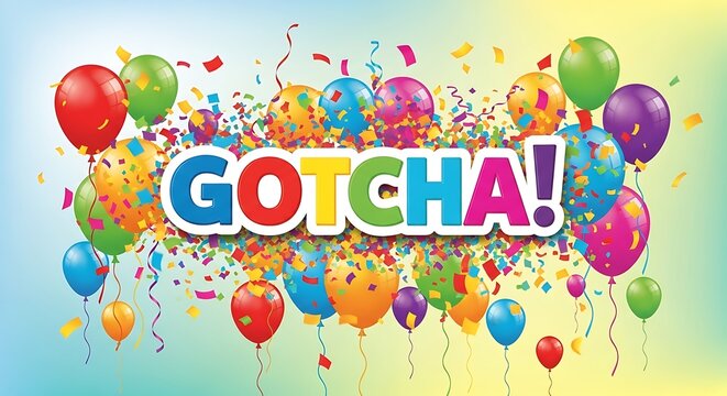Colorful balloons and confetti with gotcha text for celebration