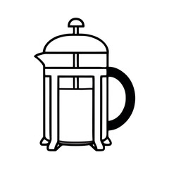 Fototapeta premium Minimalist black and white line art illustration of a French press coffee maker, isolated on a white background.