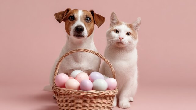 Two pets, a dog and cat, sit close to an Easter basket with pastel eggs on a clean studio background in springtime setting