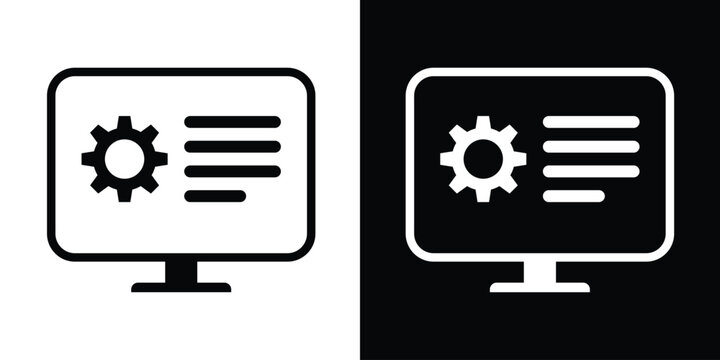 Vector icon of a computer screen showing a gear symbol and text lines. Represents system settings, technical support, software configuration, and management interface.