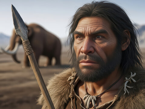 Prehistoric man with spear and woolly mammoth (Mammuthus primigenius) in background, ancient portrait