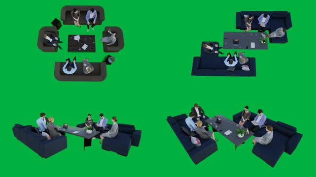 A group of people sitting on couches with laptops and couchs in different positions green screen animated chromakey background backgrounds creative frame scene cartoonish layers movement