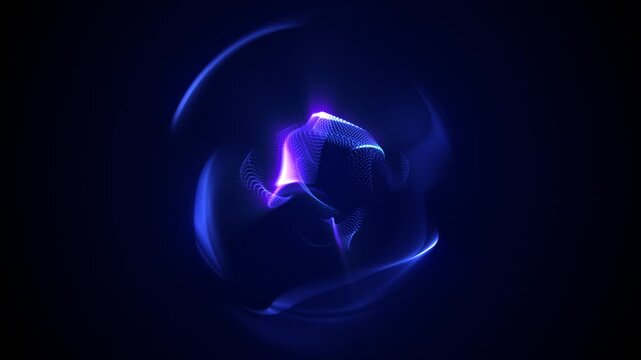 Abstract deep blue energy sphere with rotating particle mesh core and soft luminous plasma shell on dark background. Futuristic digital orb formed by glowing dots and flowing wave. 4K 60fps loop