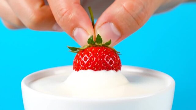 A hand places a strawberry into a bowl of cream, creating a filling that overflows and drips down, against a bright blue background.