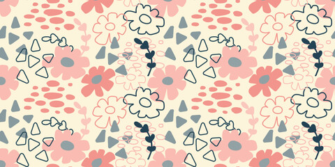 Fototapeta premium Modern Scandinavian seamless pattern combining stylized flowers, dots and triangles. Soft pastel pink tones with dark blue outlines on light background. Modern design for textile and surface patterns