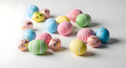 Fototapeta premium Assorted colorful chocolate eggs with various patterns and sprinkles.