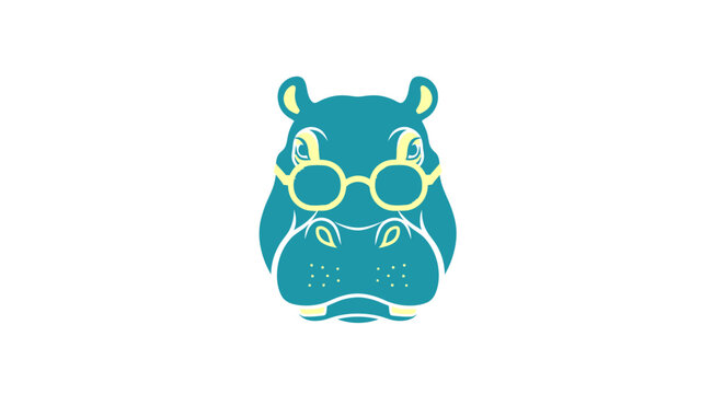 Cute cartoon hippopotamus head wearing round glasses. Adorable smart hippo character vector illustration in flat design style.