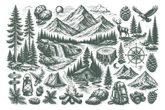 Detailed engraving style illustration of a vast wilderness landscape featuring pine forests, mountains, a waterfall, and forest animals for nature lovers.