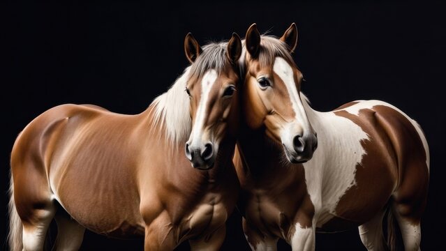 Two pinto horses standing side by side on black backdrop