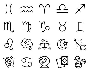 Simple Set of Astrological Related Vector Line Icons. Contains such Icons as Virgo, Leo, Taurus and more