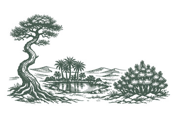 Vintage engraving style illustration of a desert oasis featuring a small pond and palm trees surrounded by arid hills for travel themes. © Chairul