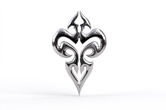 Shiny chrome design on white background. Symmetrical, flowing curves and sharp points