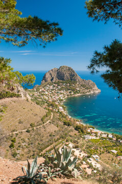 Cape Zafferano seen through some pine trees from the archaeological area Solunto, near Palermo