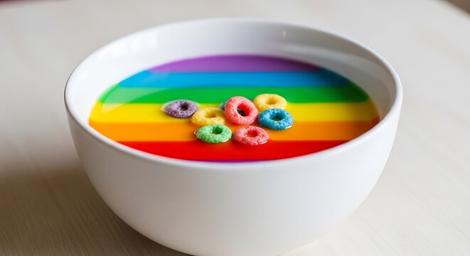 Colorful cereal bowl with rainbow milk and sweet food decoration
