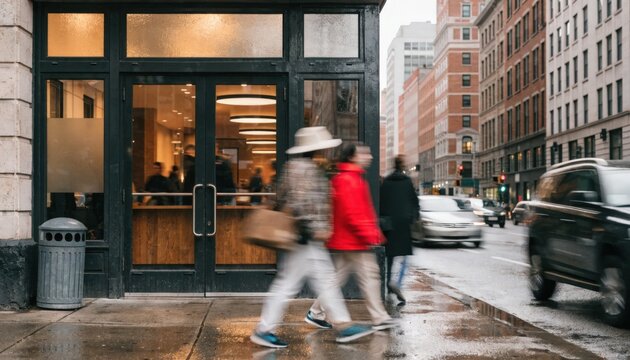 Medium shot of a neighborhood credit union entrance in a busy urban street with blurred pedestrians and traffic in the background emphasizing the local financial hub.