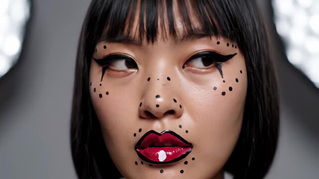 This captivating scene reveals a model's face adorned with bold makeup, featuring sharp eyeliner and vivid red lips. The artistic patterns enhance her unique expression, creating a mesmerizing visual.