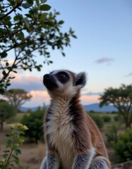 Fototapeta premium Curious Ring-tailed Lemur Gazing Upwards at the Colorful Sunset Sky in its Natural Wild Habitat