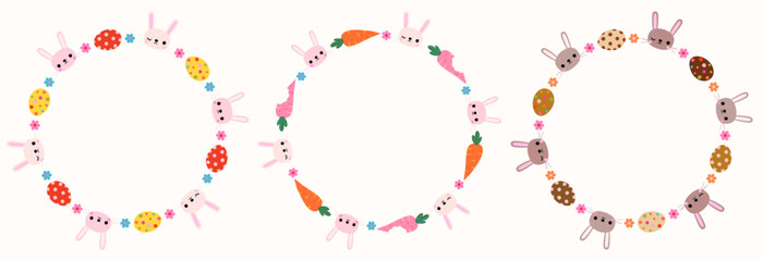 Easter vector frames with bunnies, eggs, flowers and carrots, cute spring borders for greeting cards and invitations © dollitude