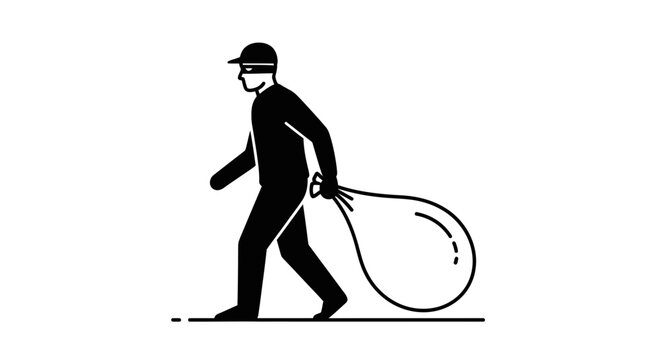 Thief carrying a sack of loot, criminal activity, stealthy burglar icon, illustration