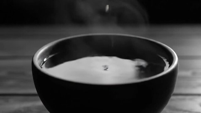 Sequence of a drop falling into a bowl of water, creating ripples and steam, captured in black and white, showcasing the moment of impact and dispersion, smooth surface, ripples, steam, dark bowl, wo
