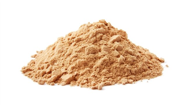 psyllium. A mound of soft golden-brown powder on a white background. bar promotions, beverage menus, designed for product packaging and bar promotions, enhances appetite appeal.