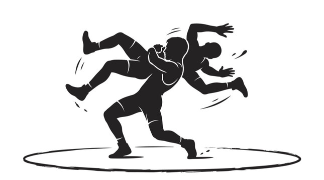Dynamic illustration of two male wrestlers grappling intensely, showcasing athletic prowess and the competitive spirit of combat sport in a stylized silhouette