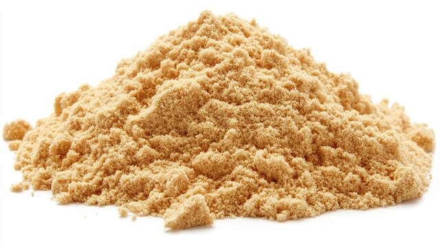 psyllium. A mound of soft golden-brown powder on a white background. bar promotions, beverage menus, designed for product packaging and bar promotions, enhances appetite appeal.