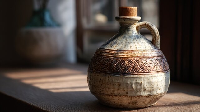 flagon. A rustic ceramic flagon with relief patterns and a wooden stopper in soft light. bar promotions, beverage menus, designed for product packaging and bar promotions, enhances appetite appeal.