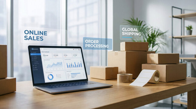 Modern laptop displaying online sales analytics next to stacked cardboard shipping boxes, illustrating e-commerce order processing and global shipping logistics in a bright office environment.