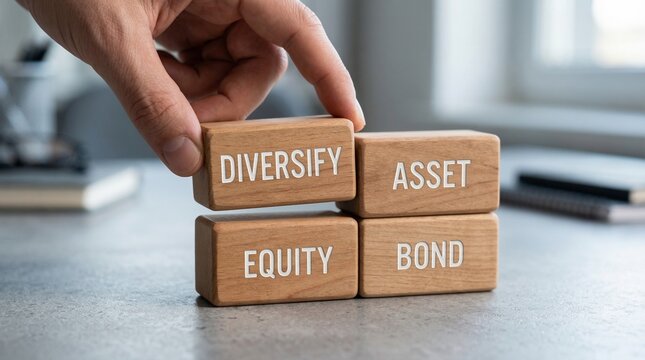 Investment diversification and portfolio management concept photo. Hand placing wooden block labeled diversify onto blocks marked asset, equity, and bond. Financial strategy for wealth management.