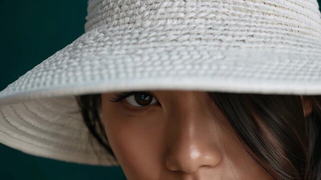 東南アジアの二十代女性を極近接、白バケットの縫製と虹彩を同時に魅せる