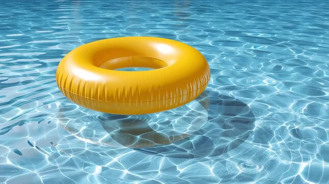 Bright yellow inflatable pool float gently drifts on the surface of a clear blue swimming pool, creating ripples and reflections in the water