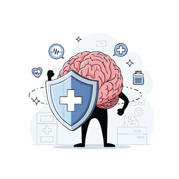 A cartoon character with a brain and shield standing in a medical line art design with a white background and blue accents.
