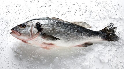 Obraz premium seabass. Fresh whole sea bass on ice, emphasizing freshness and quality in seafood. menu design, packaging mockups, designed for food delivery and cloud-kitchen brand materials.