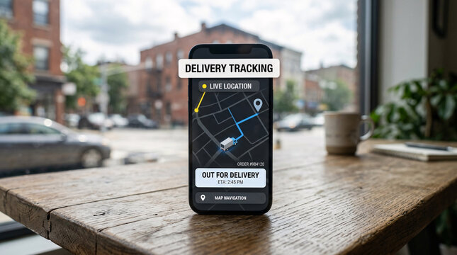 Smartphone displaying a delivery tracking app with live location and 'OUT FOR DELIVERY' status on a rustic wooden table in a cafe setting, blurred city background