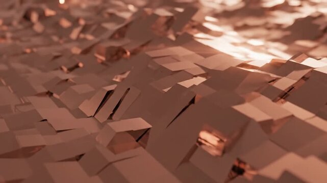 Abstract geometric landscape with copper tiles forming waves and ripples
