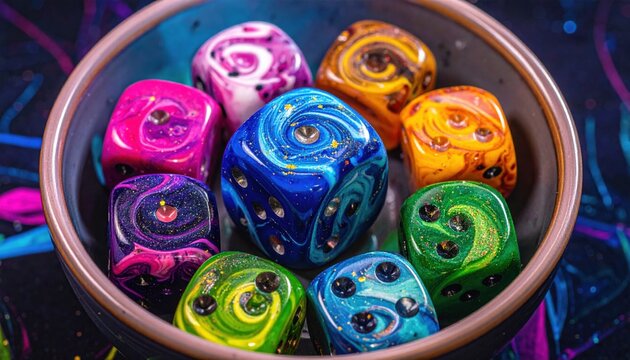 Vibrant Collection of Unique Custom Made Swirling Polyhedral Dice for Tabletop Roleplaying Games