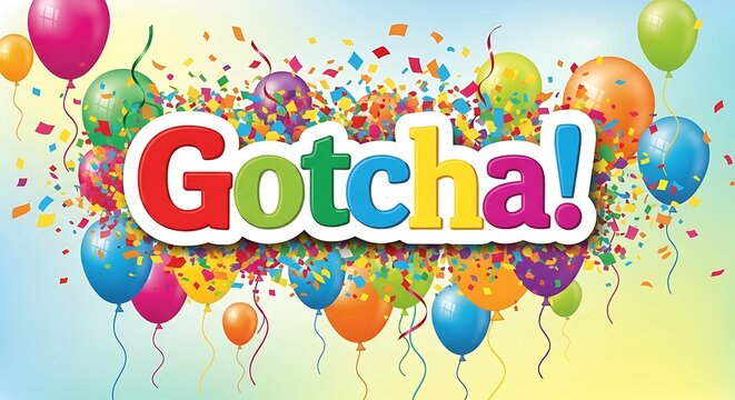 Colorful gotcha celebration graphic with balloons and confetti