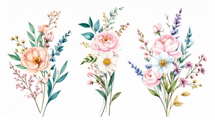 Beautiful floral bouquet illustrations set with watercolor hand drawn flowers. Stock clip art.