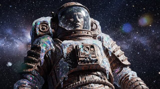 Frozen Astronaut Statue in Space with Full Moon and Galaxy, Science Fiction and Cinematic Render