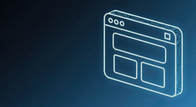 A minimalist digital interface design wireframe concept on a deep blue technological background, representing web development and online systems